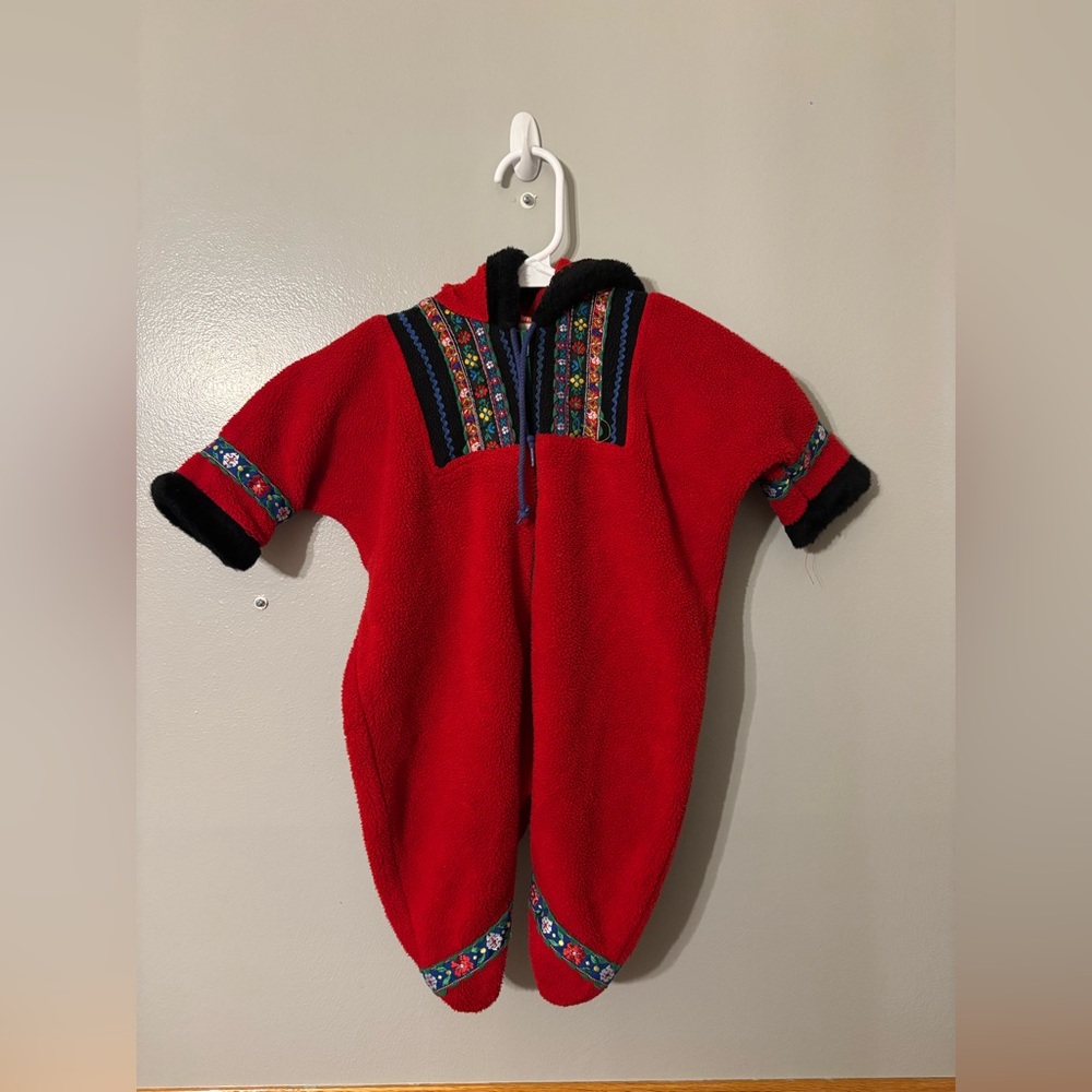 Toddler Red Sherpa Fleece Hooded Snowsuit with Embroidered Trim